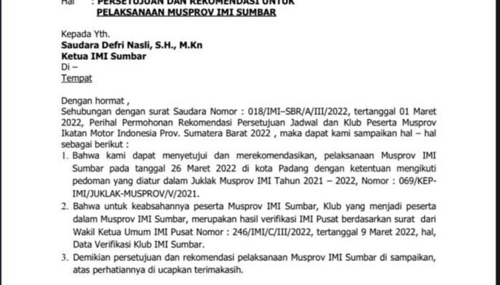 Musprov Ditunda, Klub Kirim Surat ke PP IMI