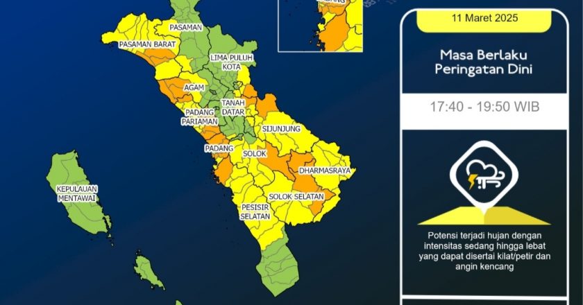 BMKG Peringakan Hujan Disertai Kilat/Petir di Daerah Sumbar